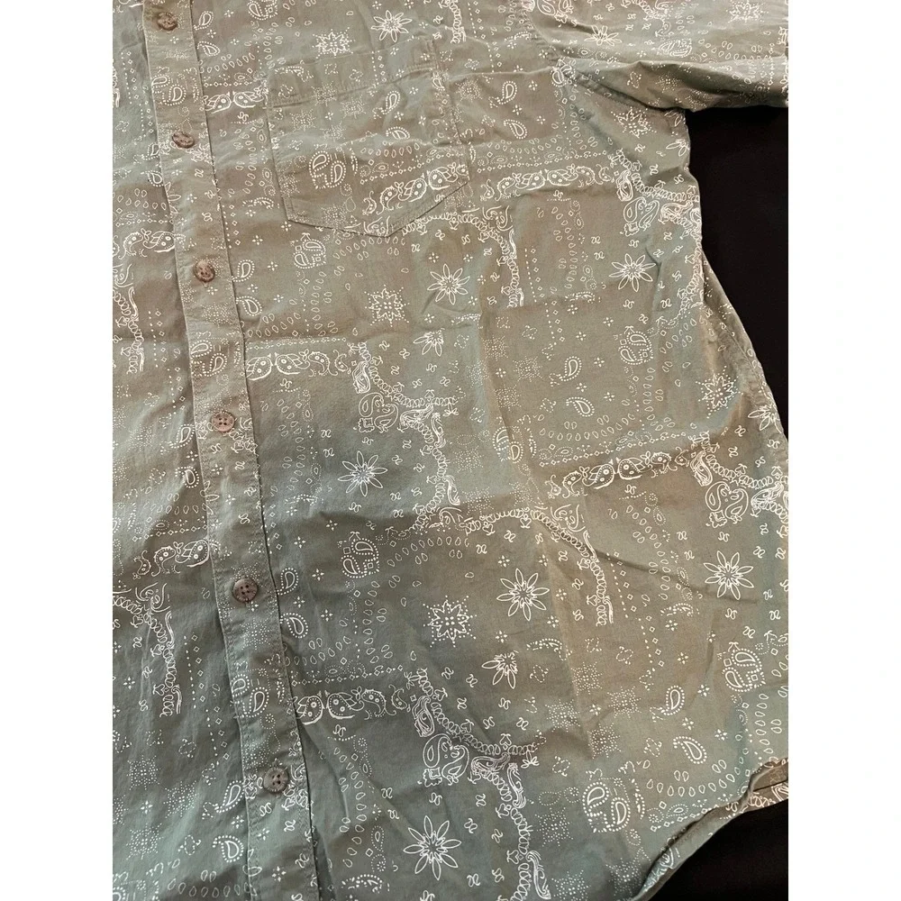 Eddie Bauer Mens 2XL Sage Green Paisley‎ Bandana Print Cotton Short Sleeve Shirt